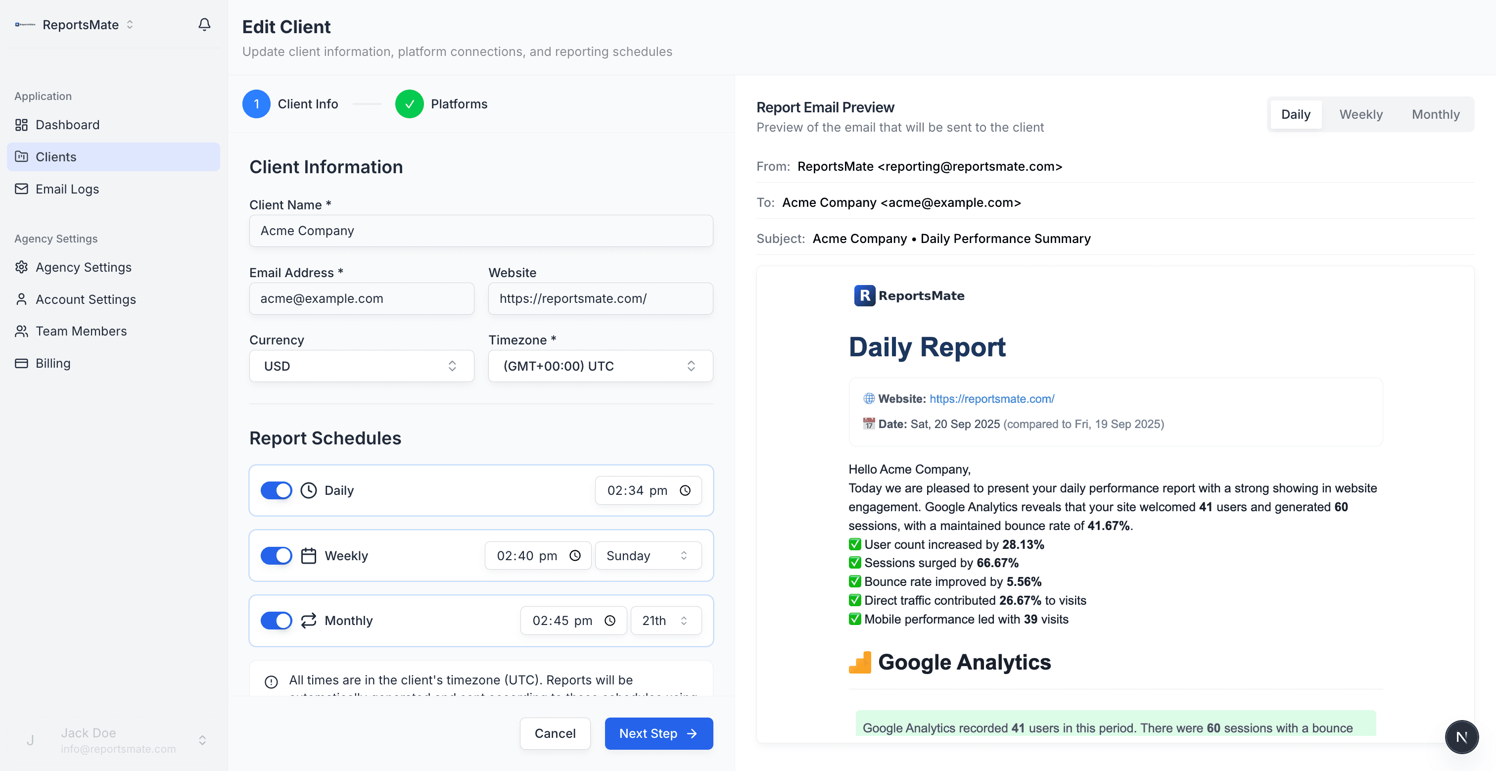 ReportsMate email report preview showing branded, automated insights