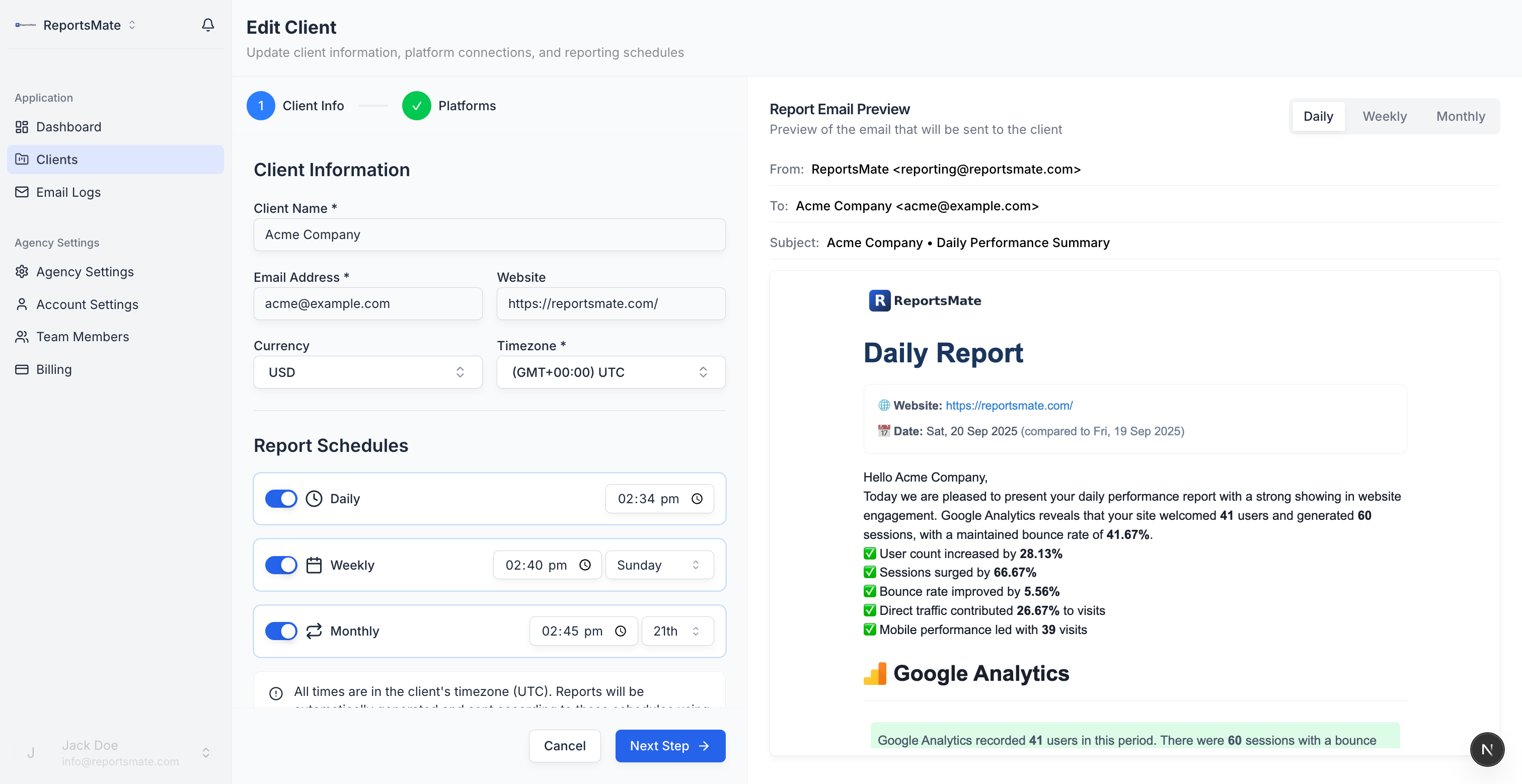ReportsMate email report preview showing branded, automated insights